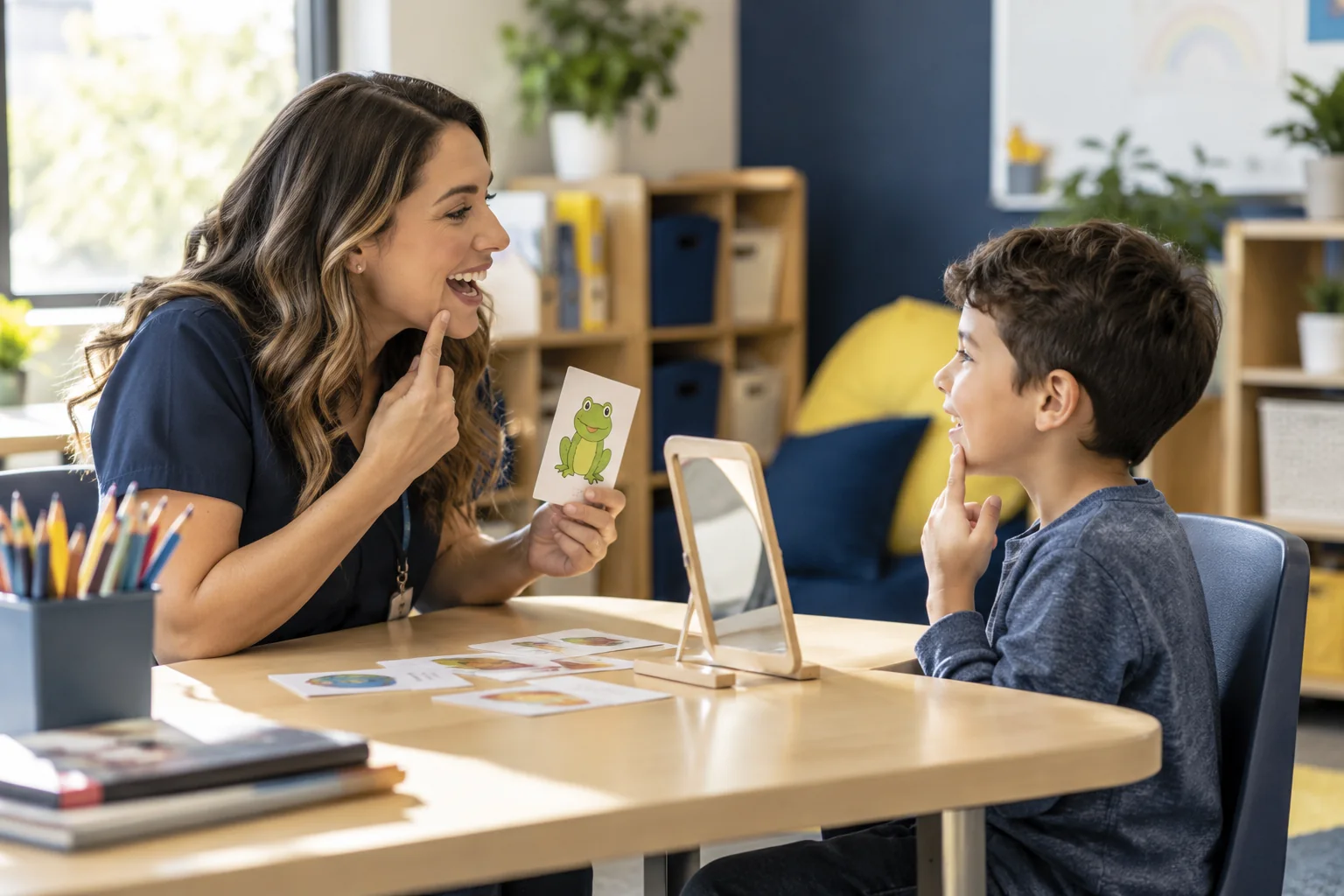 Speech-language therapy session using a visual card and mirror